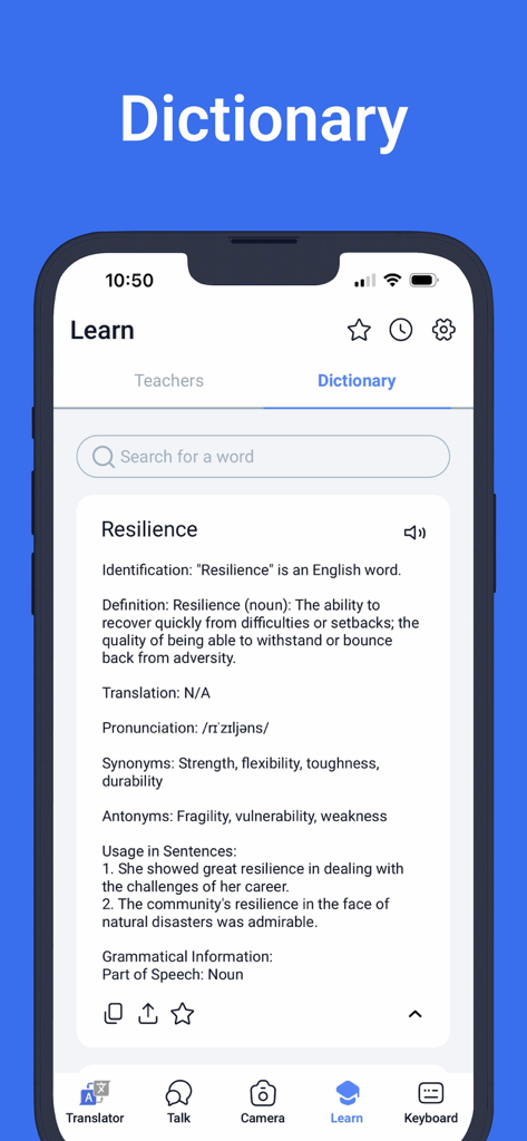 Dictionary screen in the Translate AI app showing the definition and synonyms for the word resilience.