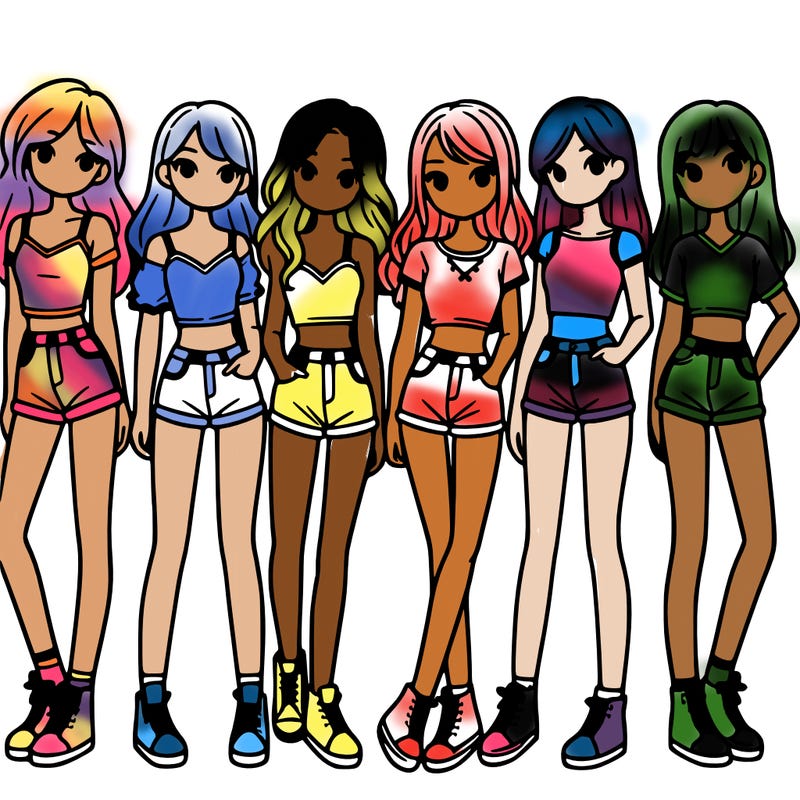 a group of girls wearing crop tops and shorts