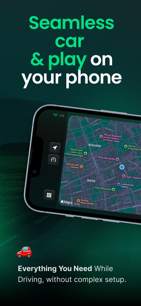 Car Play Connect: My Auto Sync - iPhone mostrando el panel de navegación en modo oscuro de la aplicación Car Play Connect