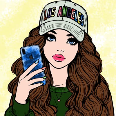 realistic beautiful girl wearing los ángeles cap holding an iphone