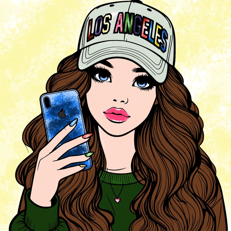 realistic beautiful girl wearing los ángeles cap holding an iphone