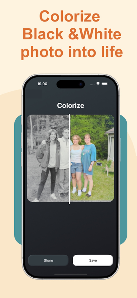 白黒写真のカラー化機能を表示するスマートフォン
