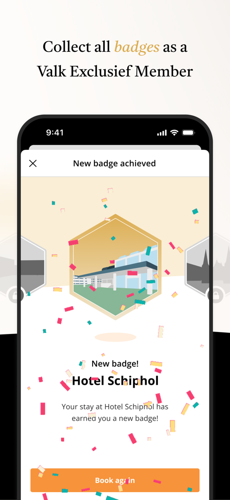 Van der Valk Exclusief app screen displaying a loyalty badge achievement for Hotel Schiphol with confetti