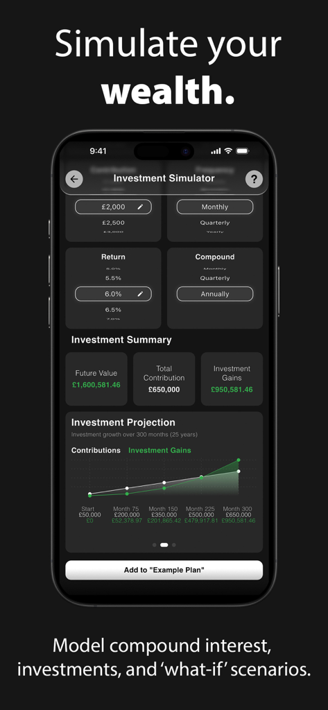 Plans.TheApp: Finance Forecast - Investment simulator screen showing wealth projections and compound interest growth