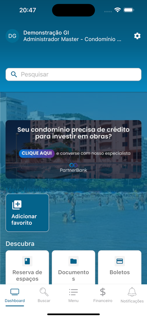 Amm Condomínios - The home screen of the Amm Condomínios app featuring property management tools like amenity booking and bill viewing.