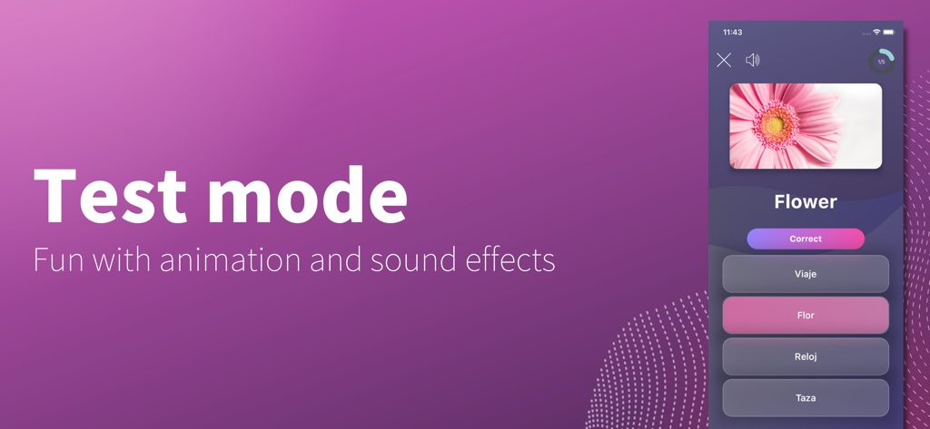 Flashcards maker - Easy to use - Benutzeroberfläche des Testmodus der Karteikarten-App, die eine Multiple-Choice-Quizfrage mit einem Bild einer Blume zeigt.