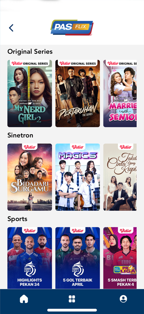 PASFLIX mobile app screen showing categories for original series, sinetron, and sports highlights.