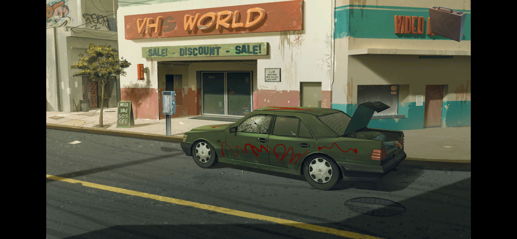 Nobodies: Murder Cleaner - Hand drawn puzzle scene of a car with a body in the trunk outside a VHS store