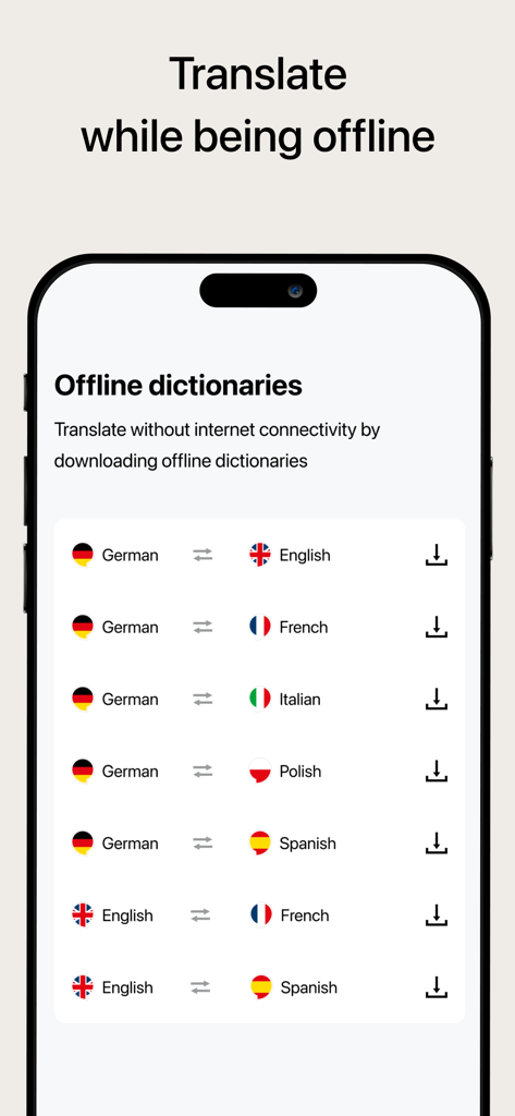 Smartphone screen showing the offline dictionaries feature of the PONS Translate app with various language pairs available for download