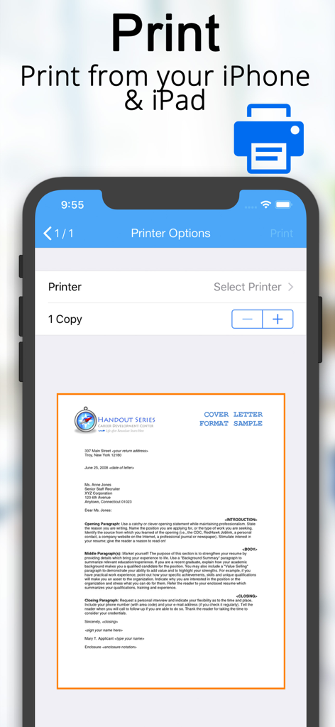 Scanner Translator ترجمه مترجم - Interfaz de la aplicación Traductor Escáner mostrando las opciones de impresión de documentos móviles y una vista previa de la carta de presentación en un iPhone