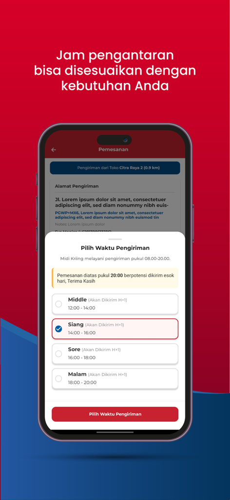 Midi Kriing app screen showing flexible delivery time slot selection for grocery orders