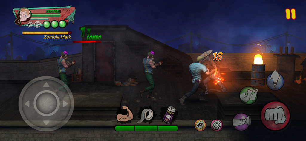 Willy's Wonderland - ウィリーズ・ワンダーランドのビートエムアップモバイルゲームの屋上レベルで敵と戦う清掃員キャラクター。