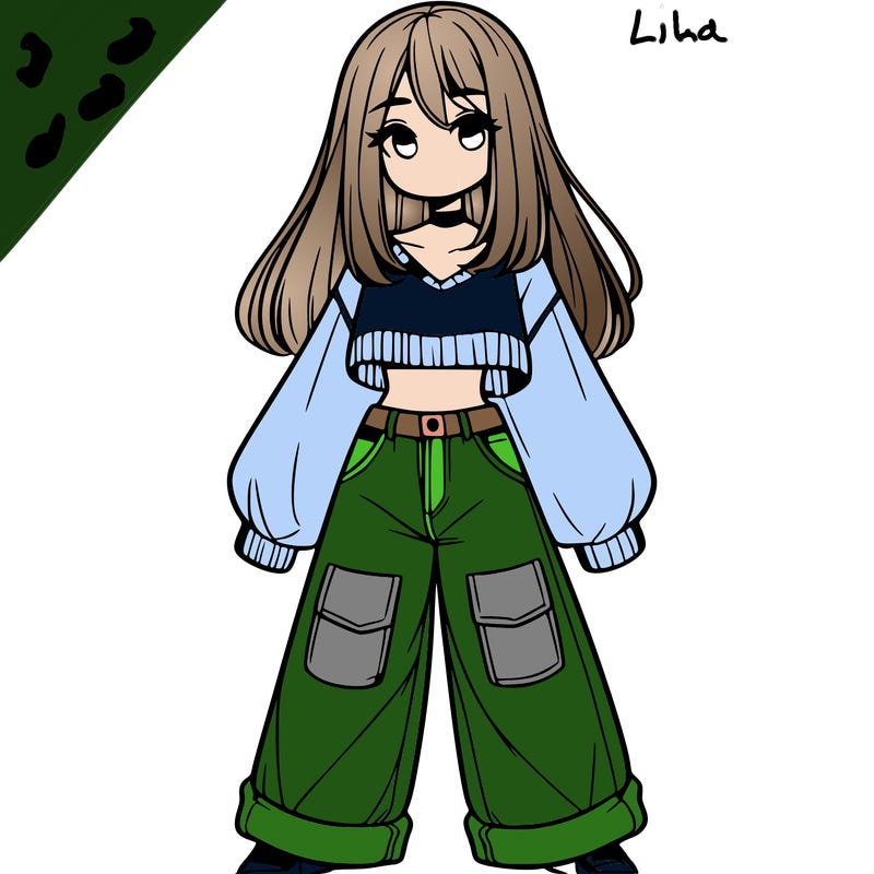 cute girl with straight hair in baggy jeans and a crop top and a sweater