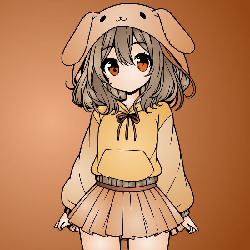 pretty anime girl wearing a fluffy hoodie with bunny ears on the hood and a skirt