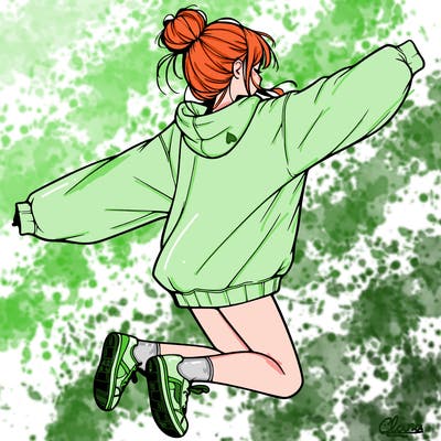 realistic girl jumping with a bun and oversized sweatshirt