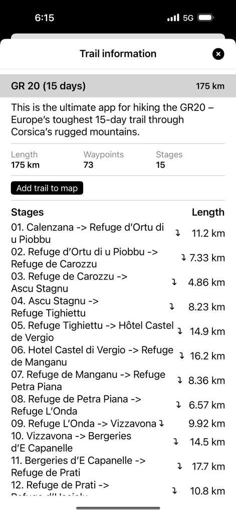 Detailed stages and logistics for the 15 day GR20 hiking trail in Corsica
