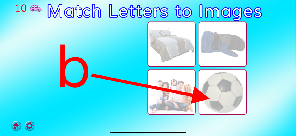 ABC MAGIC PHONICS 2 Deluxe - Educational matching game screen connecting the lowercase letter b to a soccer ball image
