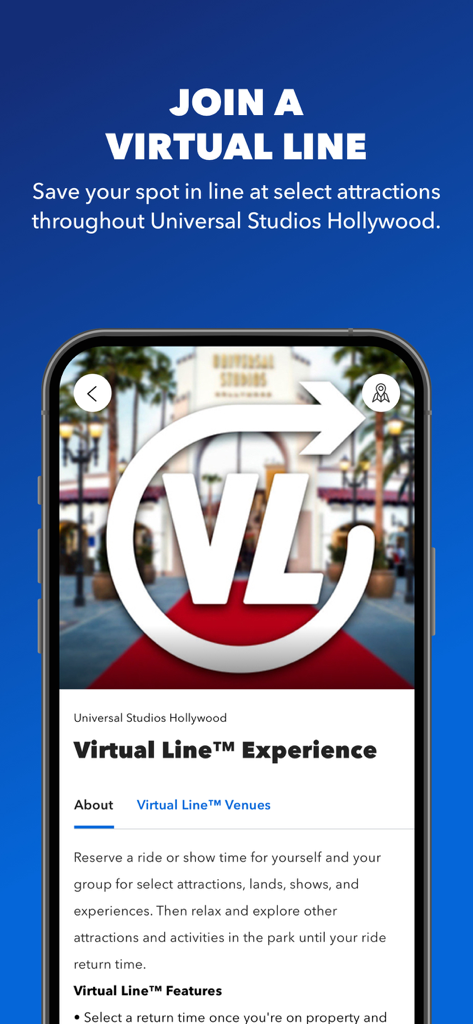 A mobile screen from the Universal Studios Hollywood app promoting the Virtual Line feature to save a spot at attractions