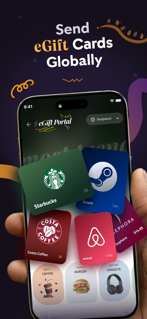 スターバックスやAirbnbなどの様々なデジタルギフトカードが表示されたSugaryアプリeGiftポータルが表示されたスマートフォンを持つ手