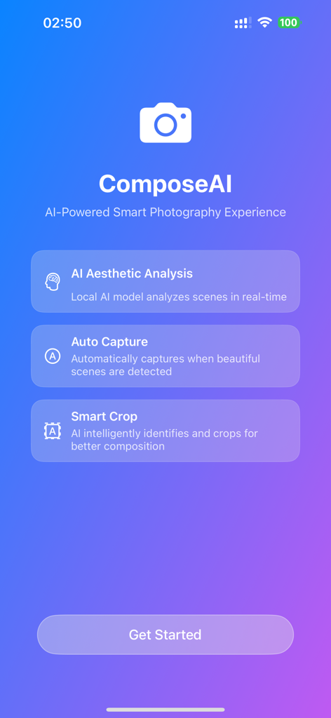 ComposeAI app home screen showing features for AI aesthetic analysis, auto capture, and smart crop.