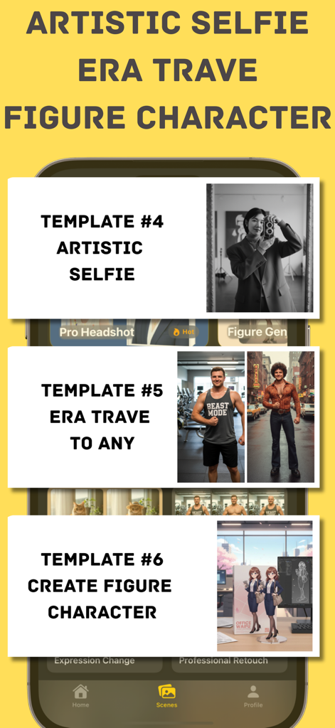 AI photo editor interface showcasing artistic selfie era travel and character creation templates