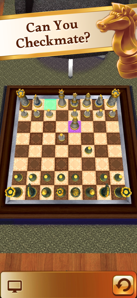 Chess 3D Pro Trainer - Interfaz de tablero de ajedrez 3D que muestra las piezas del juego y el texto jaque mate