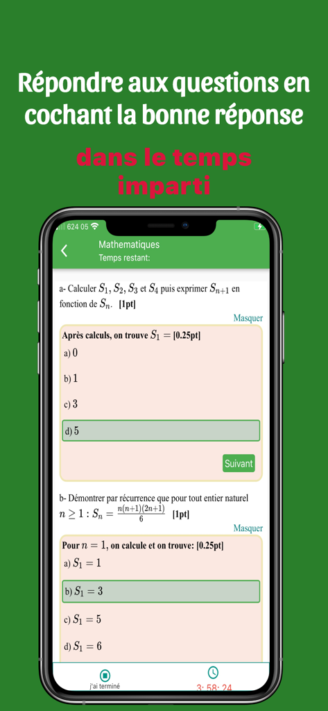 Hazon School app mathematics test screen featuring multiple choice questions and a timer for student assessments