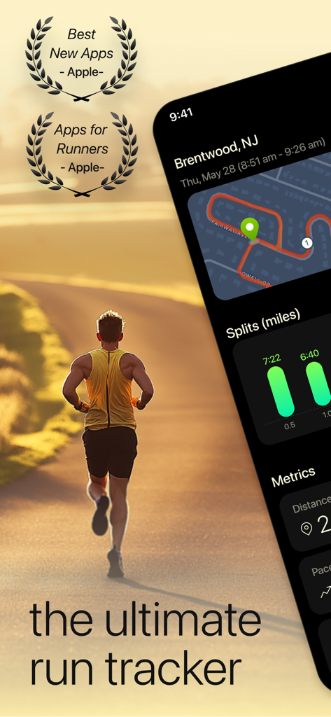 Running Mile Tracker - A man running at sunset next to the Vima app interface showing a GPS route map and mile split charts.