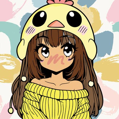 anime girl with chick shaped hat with sweater with bare shoulders with bangs covering them one eye with low tail