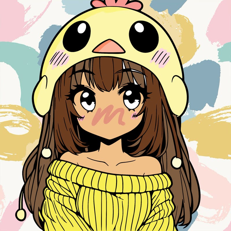 anime girl with chick shaped hat with sweater with bare shoulders with bangs covering them one eye with low tail