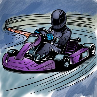 a realistic go kart on a kerb in a chicane moving fast