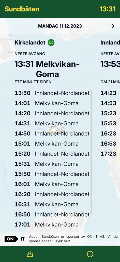 Sundbåten - Screenshot of the Sundbaaten app showing ferry departure times and routes for Kirkelandet in Kristiansund Norway