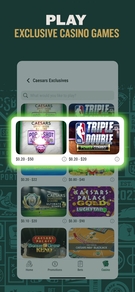 The Caesars Sportsbook app interface displaying exclusive casino games including NBA Triple Double and Pop A Shot