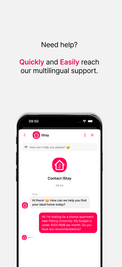 iStay 爱住 - Screenshot of iStay app showing an English chat interface with customer support for finding apartments in China.