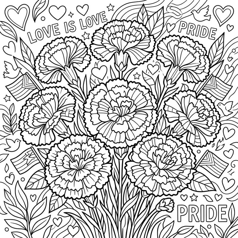 Embrace the spirit of Pride Month with this stunning garden carnations coloring page. Filled with symbols of love, diversity, and beautiful blooms, it's a perfect way to celebrate.
