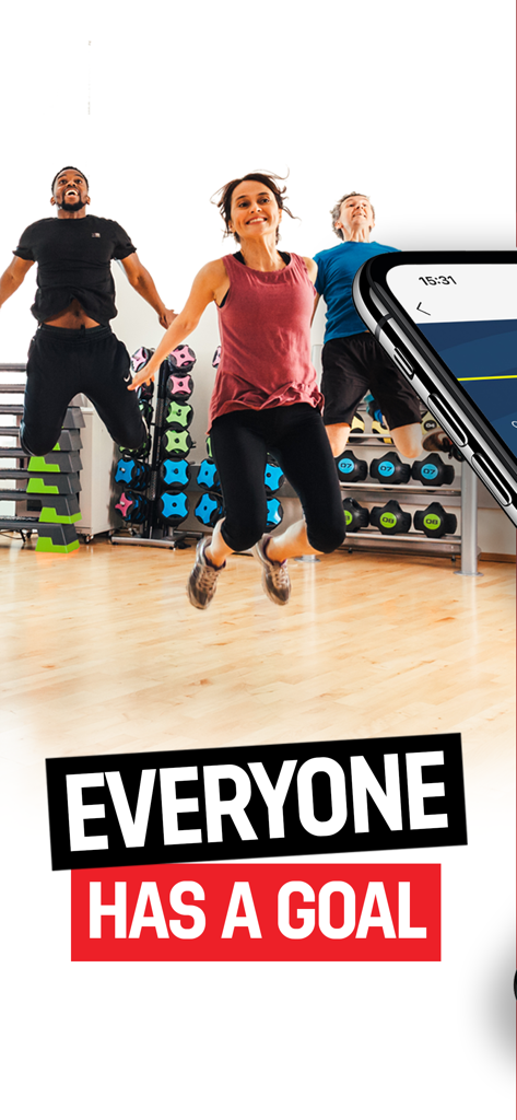Everyone Active - Tres personas saltando emocionadas en un centro de fitness con el lema Everyone Has A Goal
