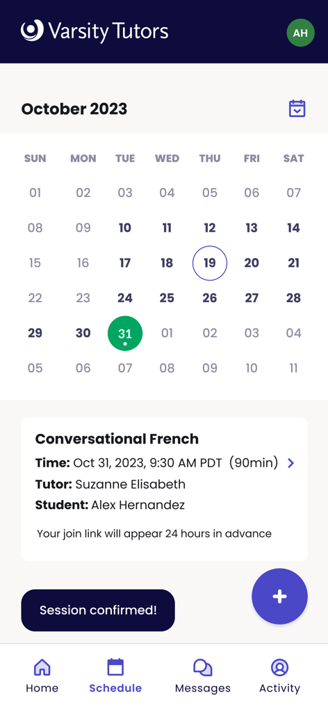 Varsity Tutors Live Tutoring - Interface de calendrier de l'application mobile affichant une session de tutorat de français programmée.