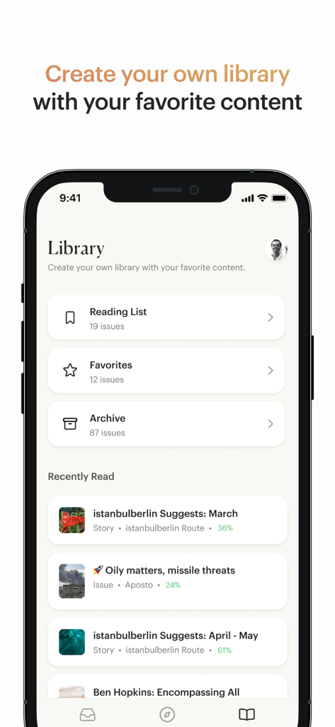 Aposto - A screenshot of the Aposto app library interface showing reading lists favorites and recently read articles in a minimalist design