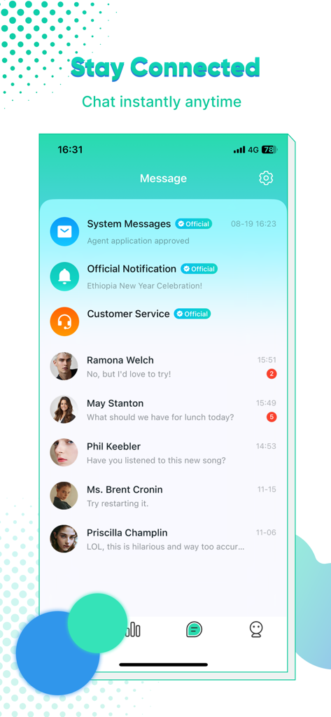 Hala  Voice Chat Community - Hala mobile app message screen showing a list of chat conversations and notifications.