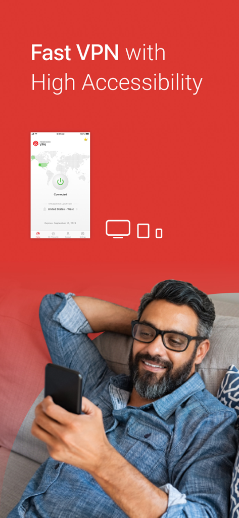 Trend Micro VPN - Secure Proxy - A man using Trend Micro VPN on a smartphone with multi-device support icons