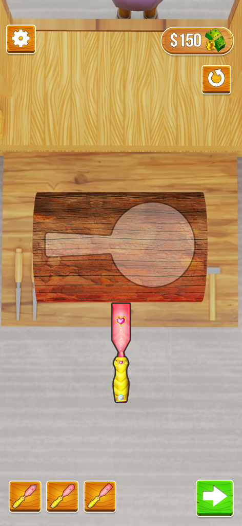 Wood Carving 3D - Wood Carving 3D gameplay showing a chisel tool and a wooden block with a paddle outline on a workbench.