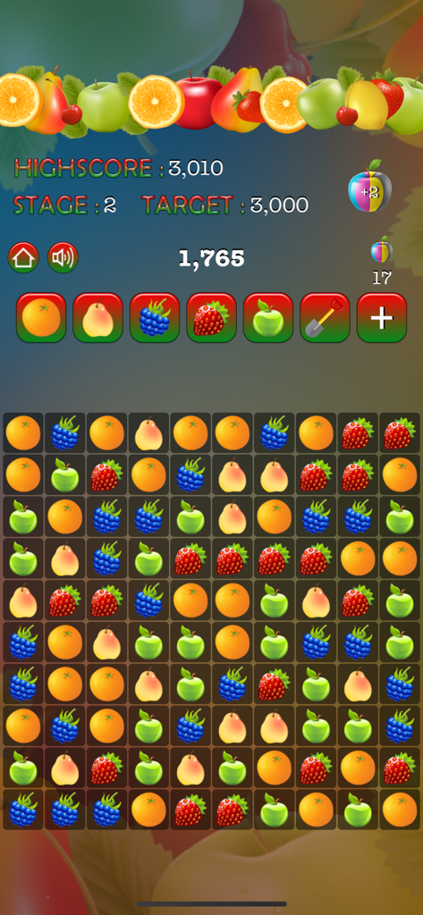 Jogo do Pop Pop Fruit Puzzle mostrando uma grade de frutas com pontuação alta e objetivos.