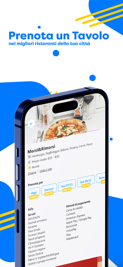 Alfonsino - Ordina & Prenota - Smartphone displaying the Alfonsino app interface for booking a table at a local pizza restaurant including services and payment options.