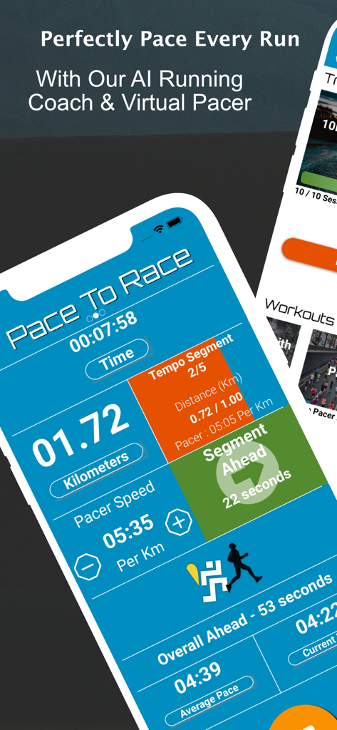 Pace To Race mobile app interface showing real-time running metrics and virtual pacer feedback