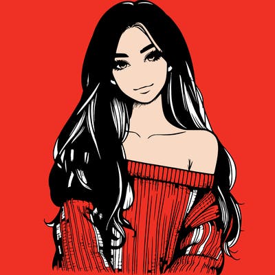 realistic girl with long hair wearing an off the shoulder sweater