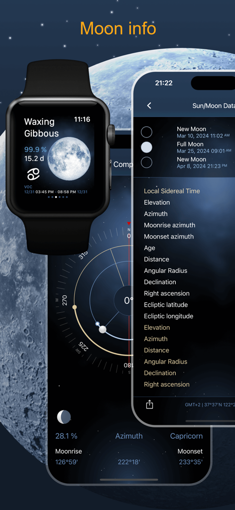 Deluxe Moon Pro • App & Widget - Deluxe Moon Pro lunar information display on iPhone and Apple Watch