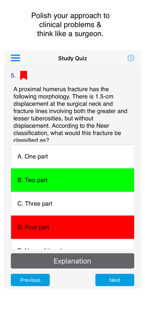 Case Files Orthopedic Surgery - A study quiz screen from the Case Files Orthopedic Surgery app featuring a multiple-choice question on the Neer classification for a humerus fracture.