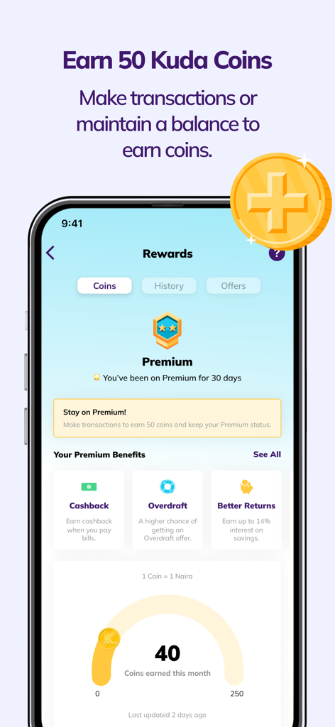 The rewards screen of the Kuda banking app showing Kuda Coins and premium benefits.