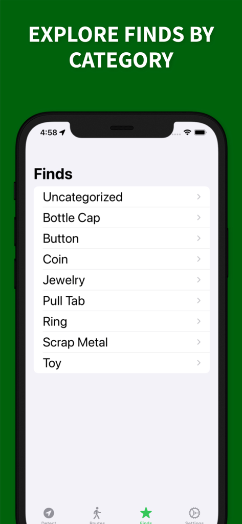 LuckyFind: Metal Detecting App - LuckyFind app screen displaying a list of treasure categories including coins jewelry and rings