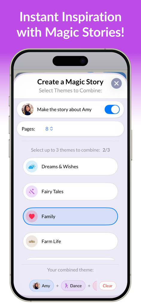 My Story School eBook Maker - A screen showing the Magic Story creation process where users select themes like Fairy Tales and Family to combine for a new eBook.